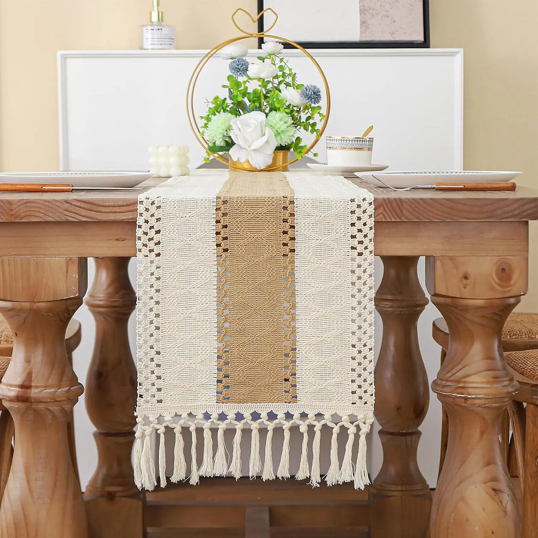 Linen Crochet Tassel Table Runner