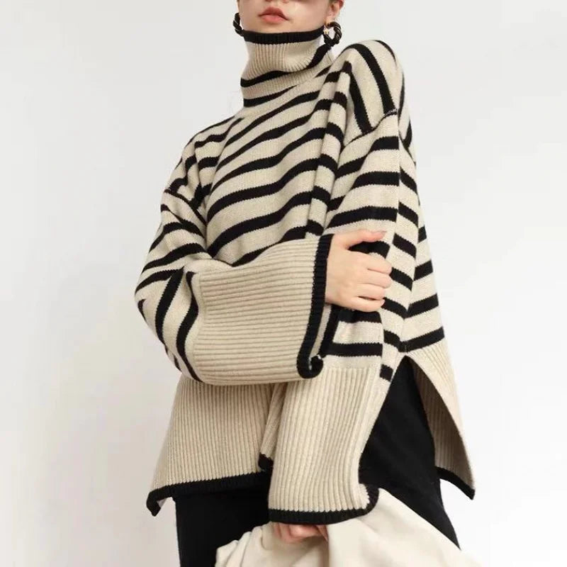 Oversized Ribbed Striped Turtleneck Knit Top