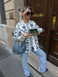 Women's Jacket - Embroidered Floral Pattern - Straight Cut - Round Neck - Long-Sleeved