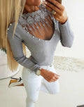 Women's Knit Sweater - Ribbed Knit - V-Neck with Lace and Pearl Details - Slim Fit
