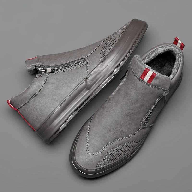 Men's Sneakers – Mid-High Silhouette – Leather Look – Zipper Closure – Comfort Sole