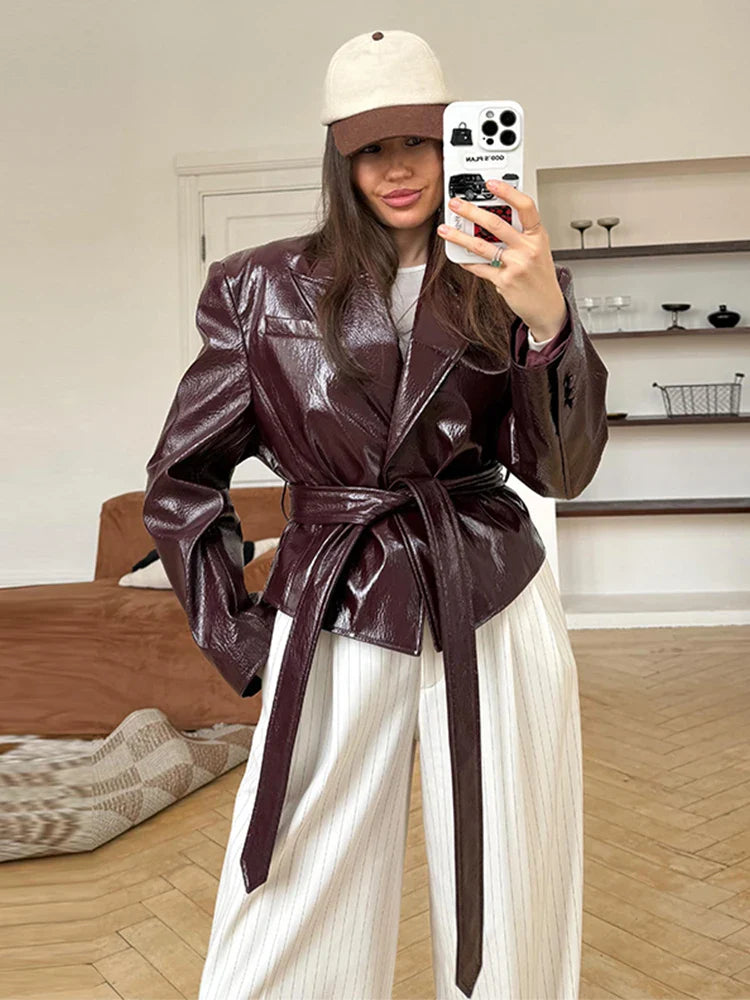 Oversized Belted Waist Leather Jacket