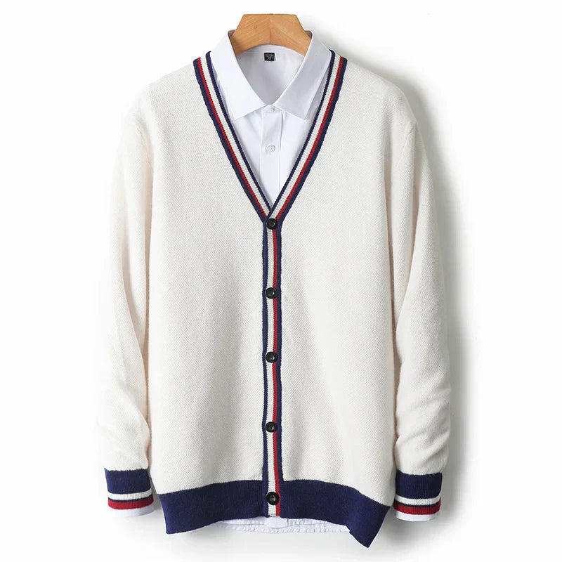 Herrecardigan – Uldblanding – Afslappet Pasform – V-hals – Knaplukning – Ribkanter