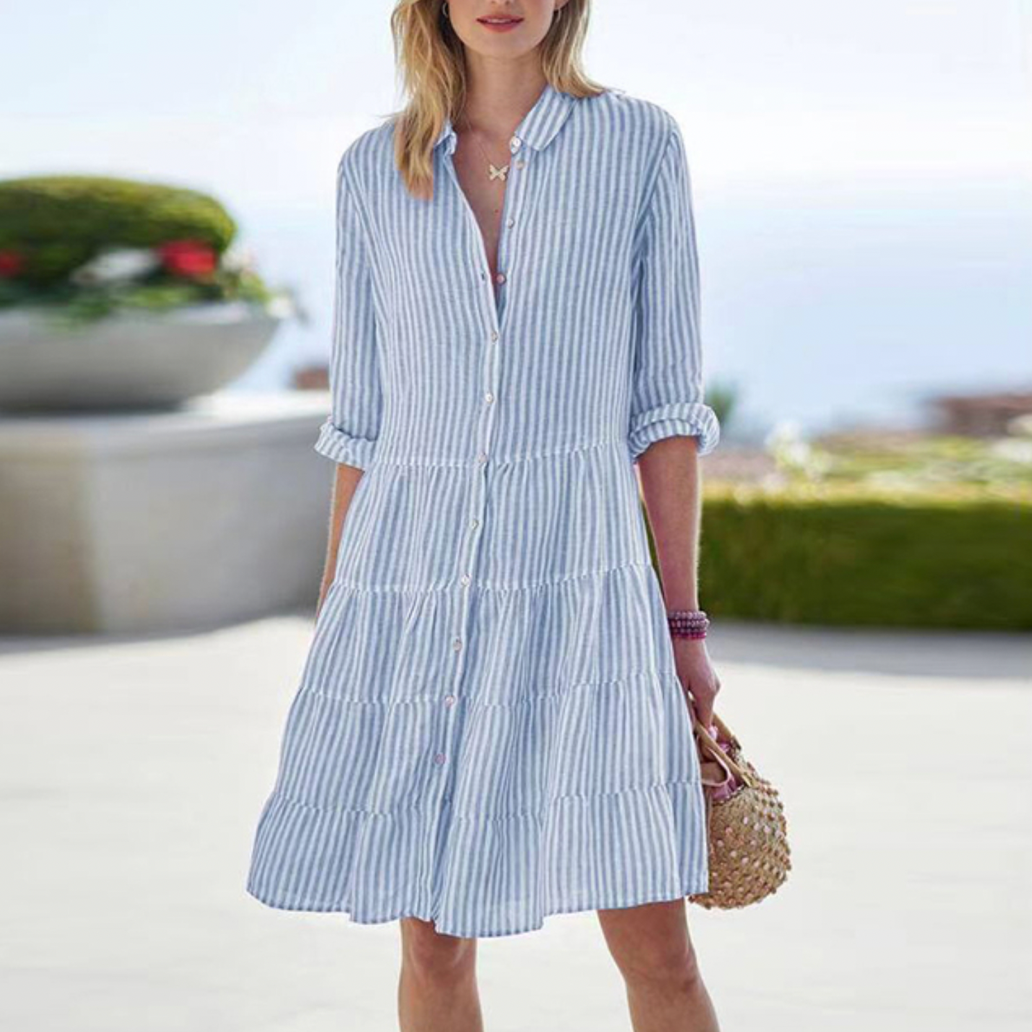 Women's Dress – Relaxed Fit – Light and Breathable – Button Closure – Checkered Design