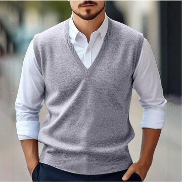 Herre Vest Sweater – Klassisk Pasform – Finstrik – V-hals – Ribkanter
