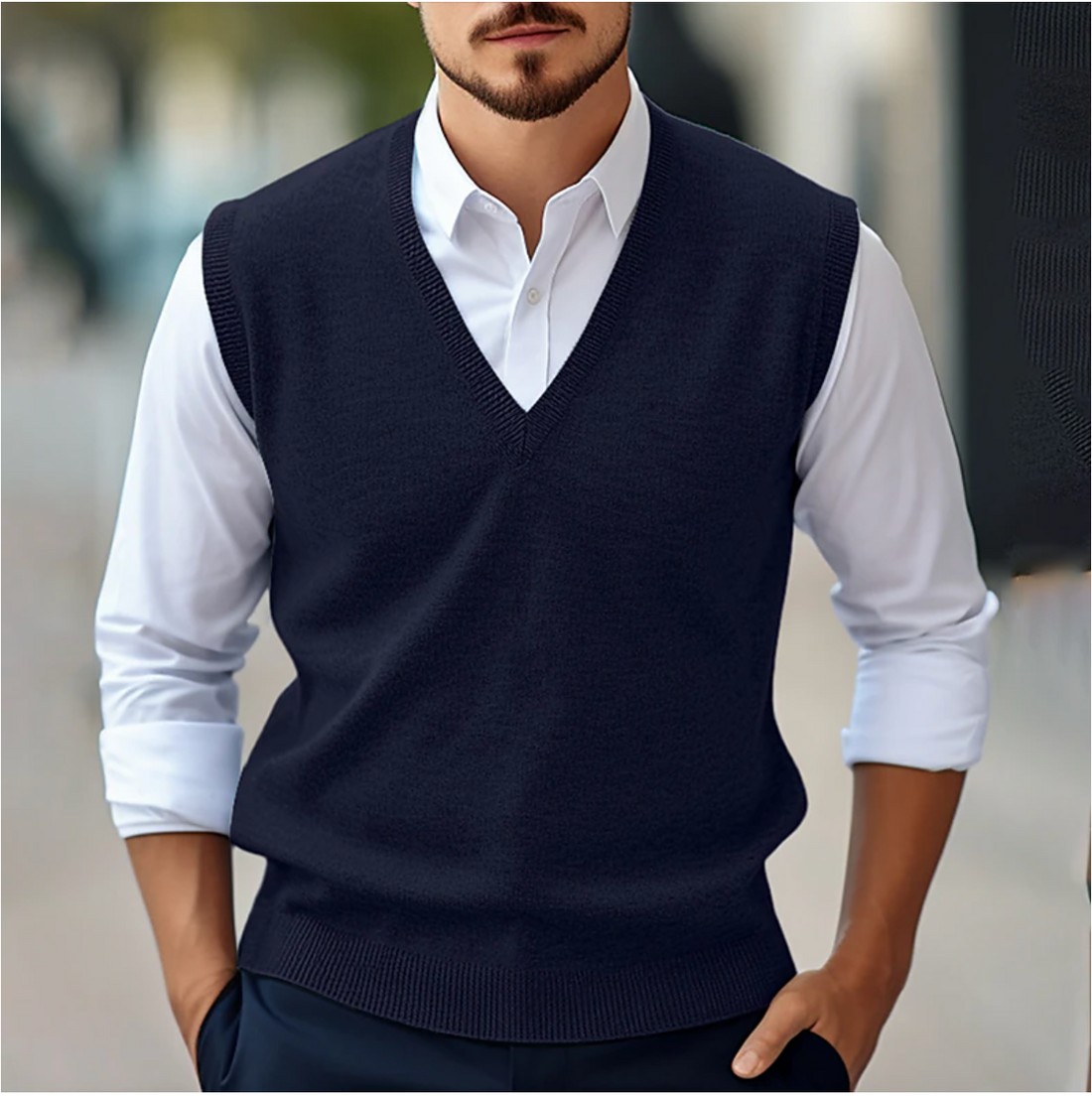Herre Vest Sweater – Klassisk Pasform – Finstrik – V-hals – Ribkanter