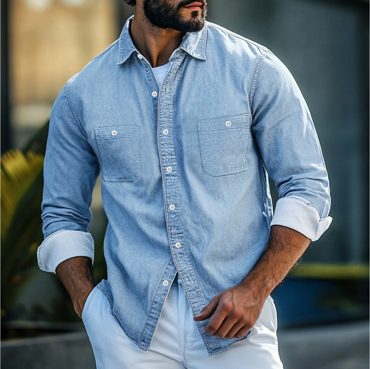 Men's Shirt – Denim – Regular Fit – Long-Sleeved – Button Closure with Chest Pockets
