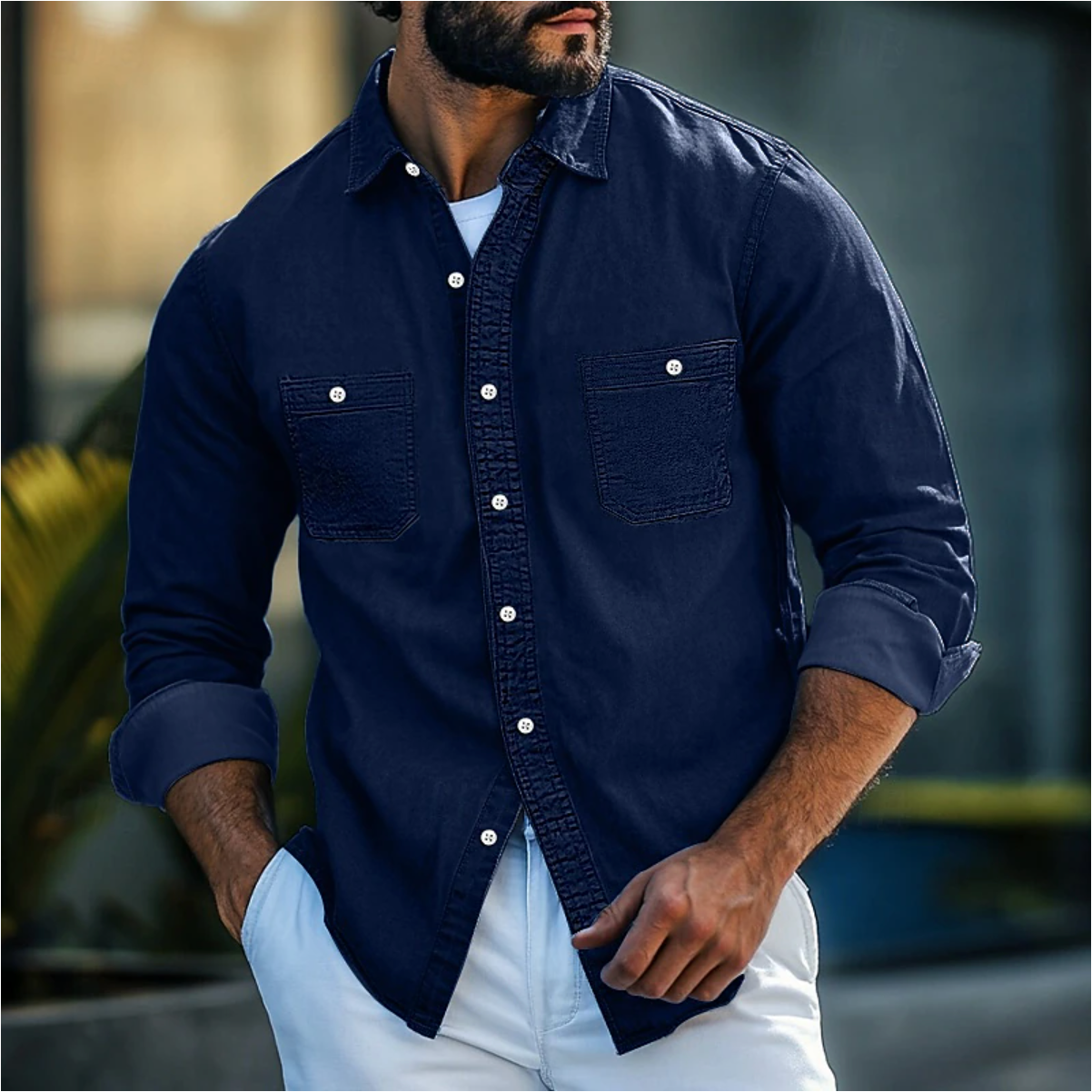 Men's Shirt – Denim – Regular Fit – Long-Sleeved – Button Closure with Chest Pockets