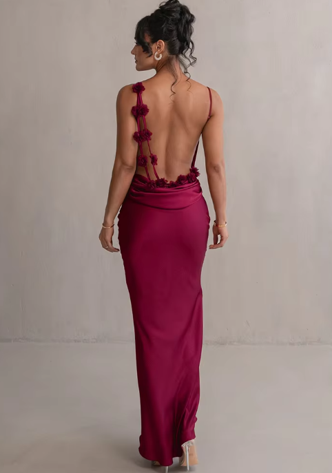 Backless Draped Satin Look Long Evening Dress