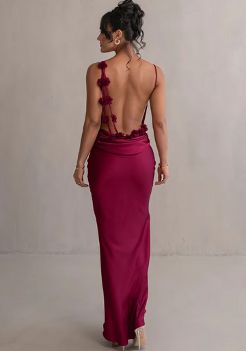 Backless Draped Satin Look Long Evening Dress