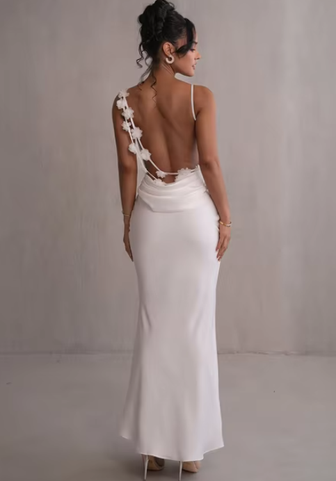Backless Draped Satin Look Long Evening Dress