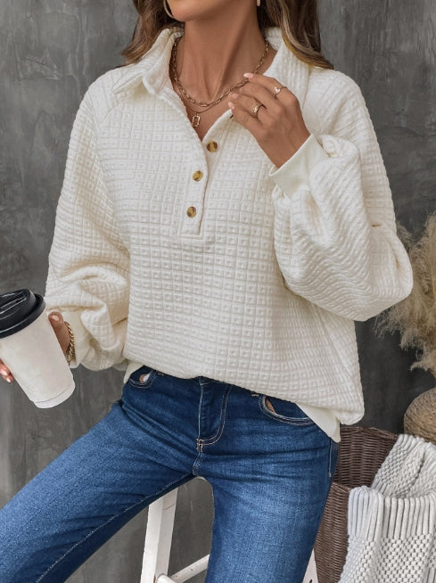 Grid Knit Half Placket Oversized Sweatshirt