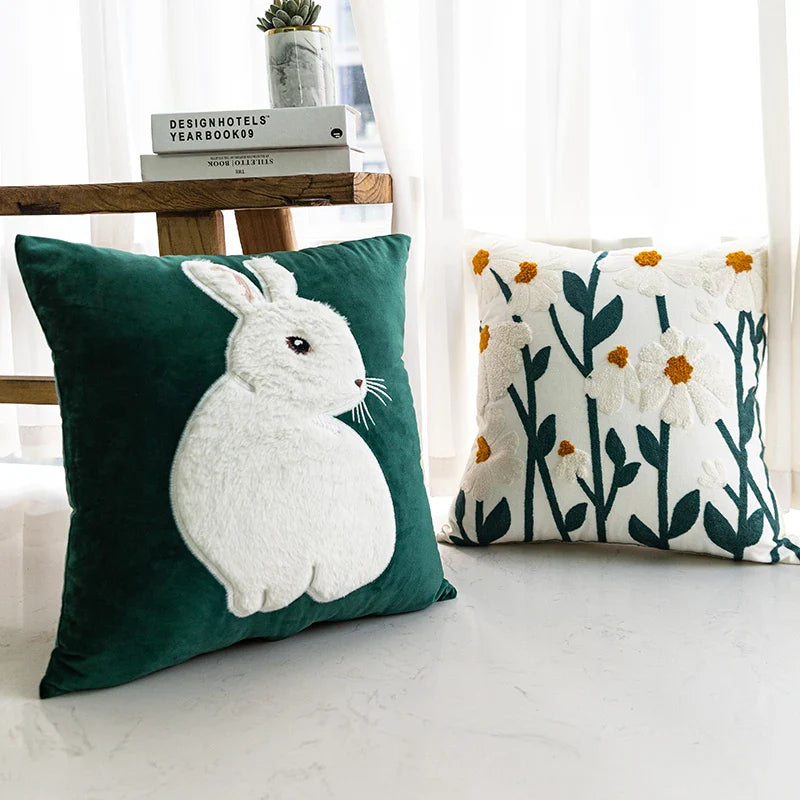 Velvet Tufted Floral Rabbit Throw Pillow Cover