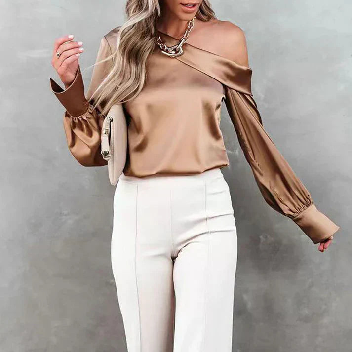 Silk Look Asymmetric Off-Shoulder Blouse