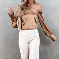 Women's Blouse - Asymmetric Off-Shoulder - Long Sleeves with Wide Cuffs - Silk Look