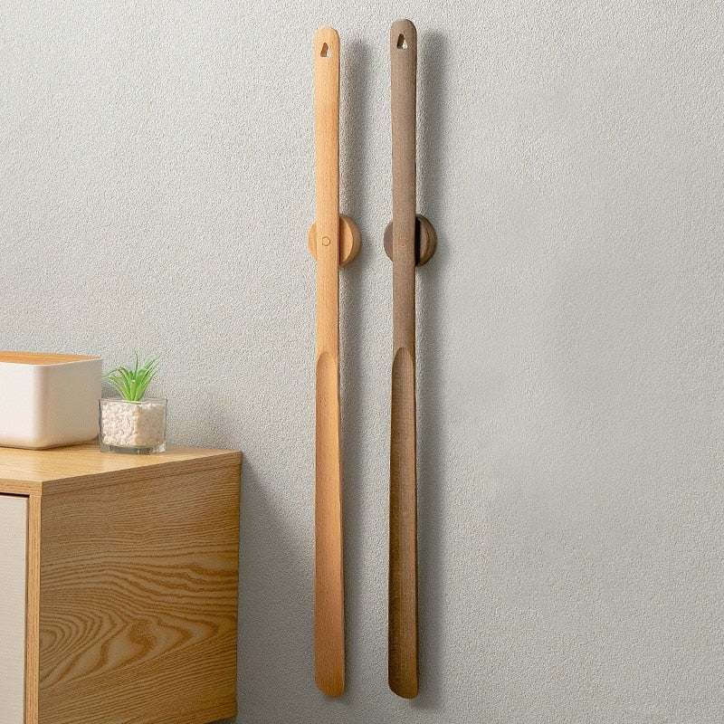 Solid Wood Long-Handle Shoehorn With Wall Mount