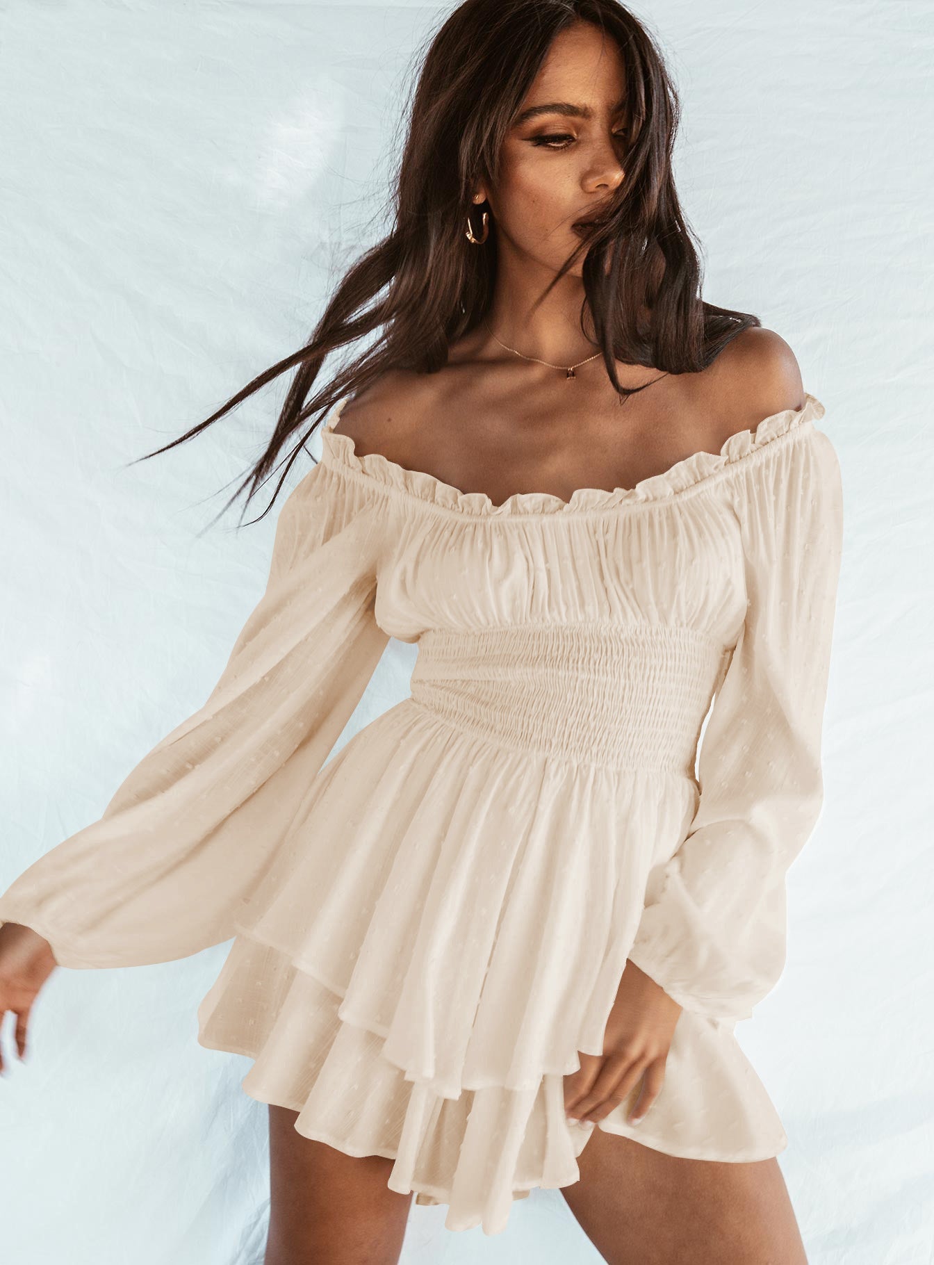 Women's Off-Shoulder Dress - Long Sleeves - Smock Details - Layered Mini Skirt - Elegant Look