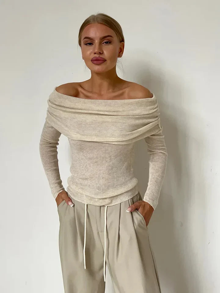 Fitted Ribbed Knit Off-Shoulder Sweatshirt