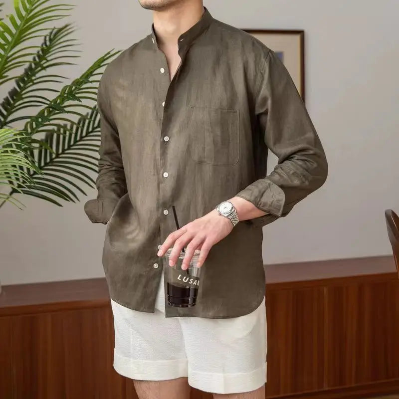 Linen Relaxed Fit Mandarin Collar Shirt