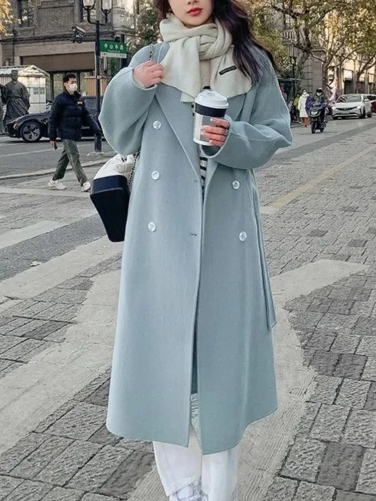 Belted Double Breasted Wool Blend Overcoat
