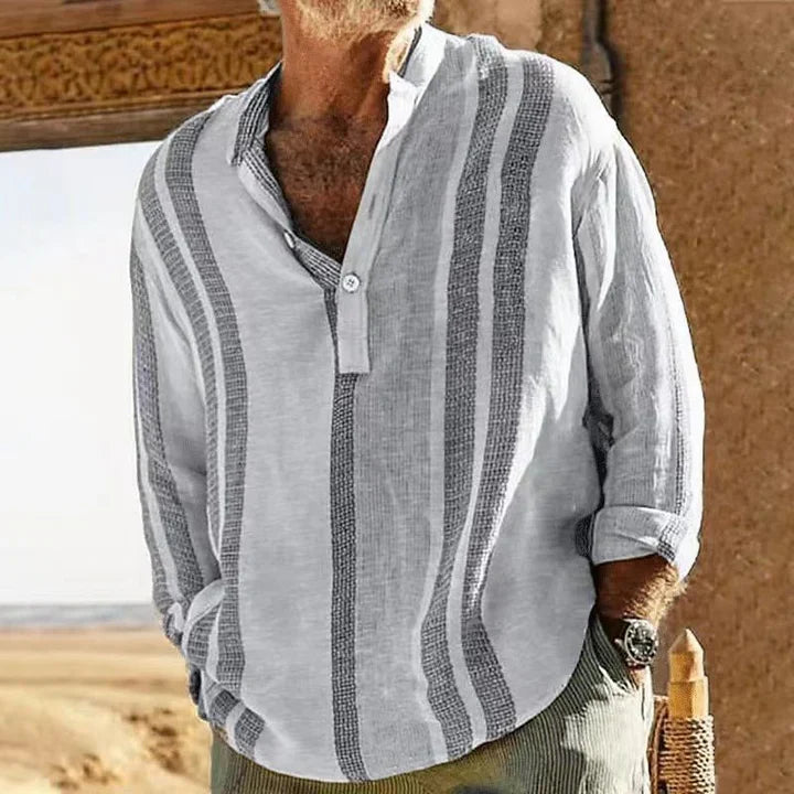 Linen Relaxed Fit Striped Grandad Collar Shirt
