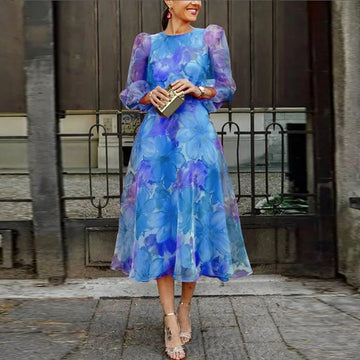 Dame Midi Kjole - A-Linje Pasform - Lange Sheer Ærmer - Elegant Blomsterprint