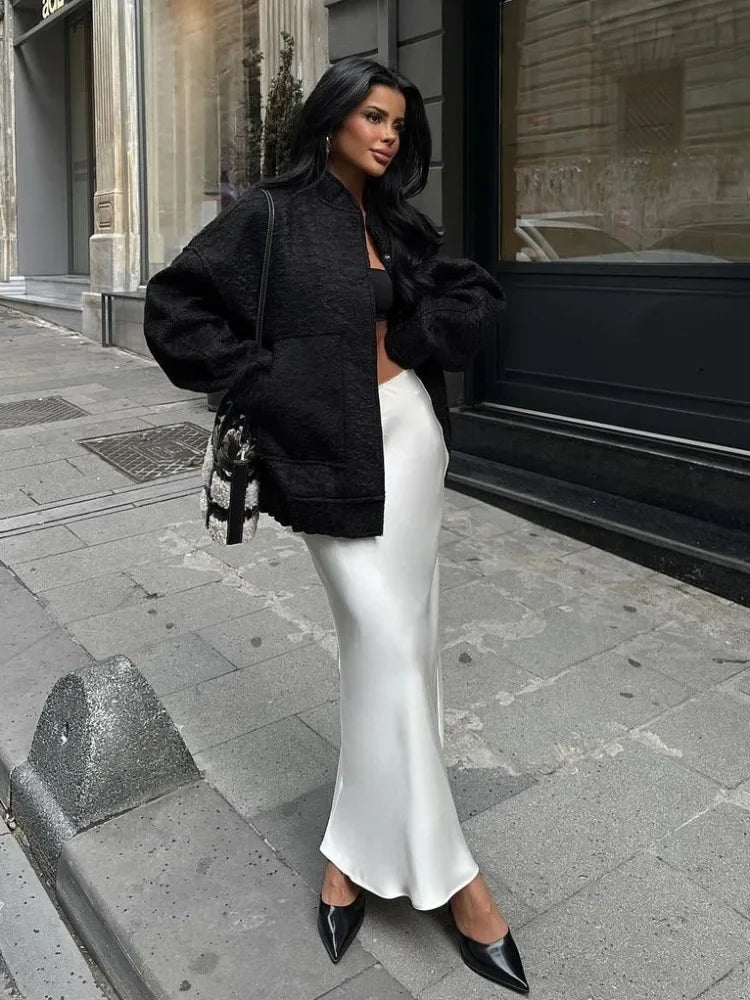Dame Lang Nederdel - Satin - Elegant Glat Design - Figursyet Talje
