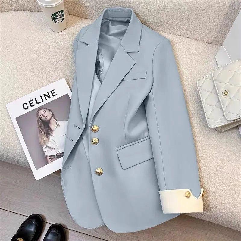 Single-Breasted Hip-Length Gold-Tone Button Blazer
