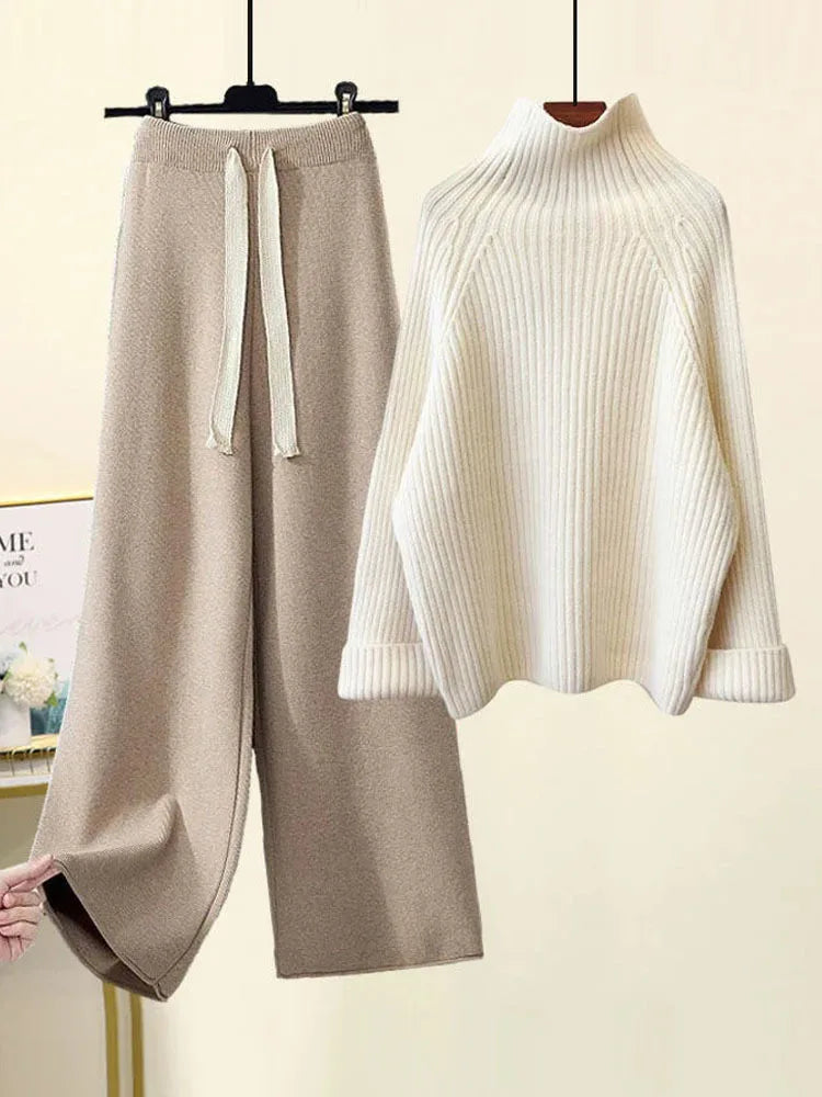Ribbed Oversized Turtleneck Wide Leg Two-Piece Set