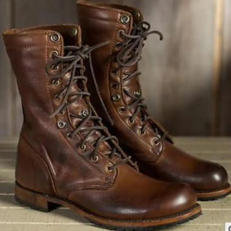 Women's Lace-up Boots – Leather – Round Toe – Sturdy Sole – Mid-height Shaft