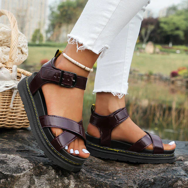 Women's Platform Sandals - Cross Straps - Adjustable Buckle - Comfortable Sole