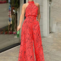 Women's Two-Piece Set – Halterneck Top & High-Waisted Wide-Leg Pants – Light and Elegant