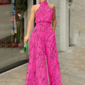 Women's Two-Piece Set – Halterneck Top & High-Waisted Wide-Leg Pants – Light and Elegant