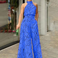 Women's Two-Piece Set – Halterneck Top & High-Waisted Wide-Leg Pants – Light and Elegant