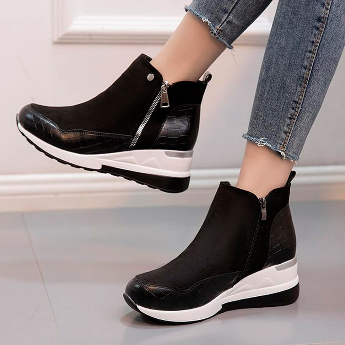 Suede-Like Wedge Heel Ankle Boots