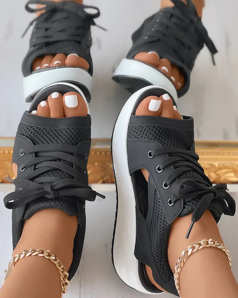 Women's Sandals – Wedge Heel – Mesh Upper – Open Toe – Lace-Up Closure – Comfort Sole