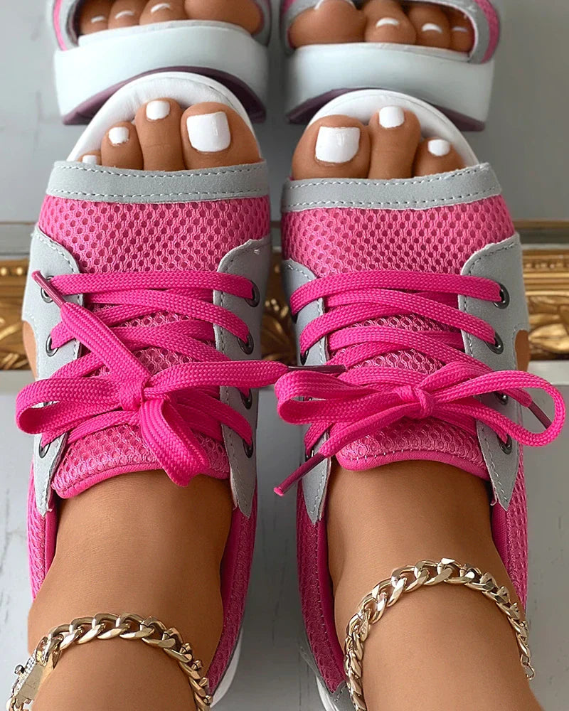 Women's Sandals – Wedge Heel – Mesh Upper – Open Toe – Lace-Up Closure – Comfort Sole