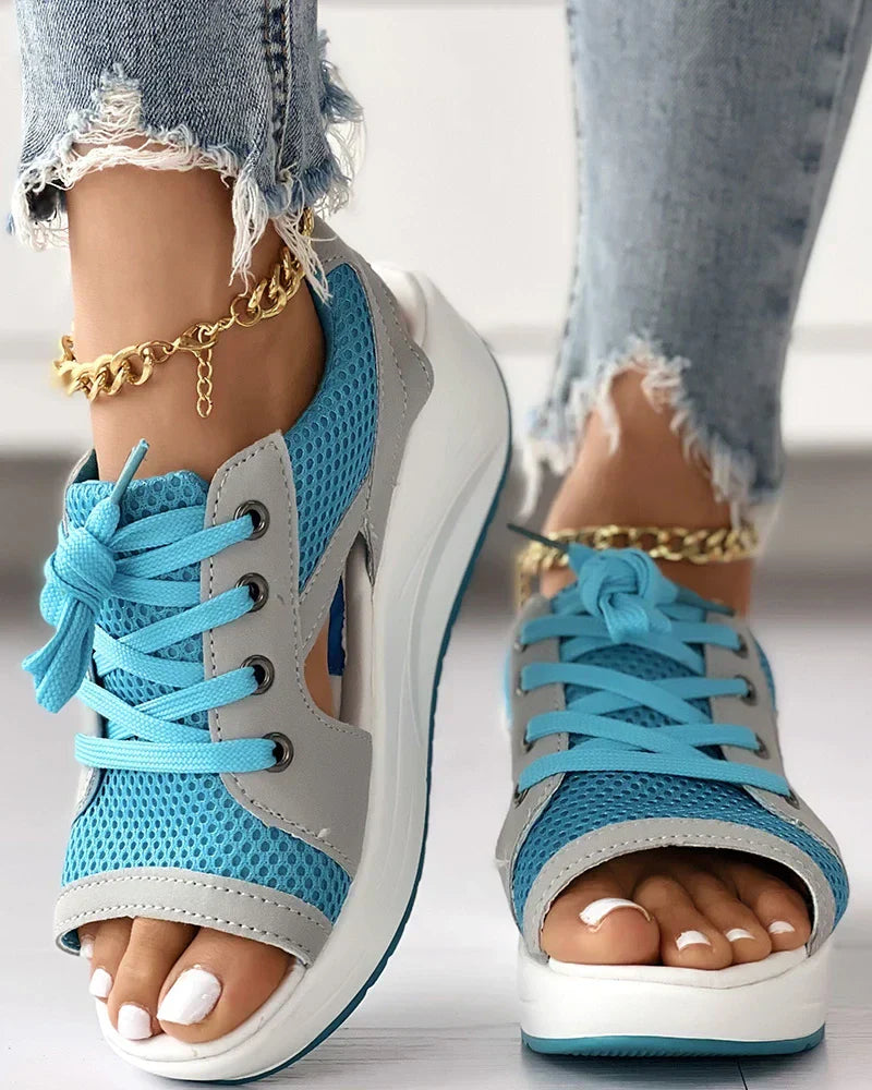 Women's Sandals – Wedge Heel – Mesh Upper – Open Toe – Lace-Up Closure – Comfort Sole