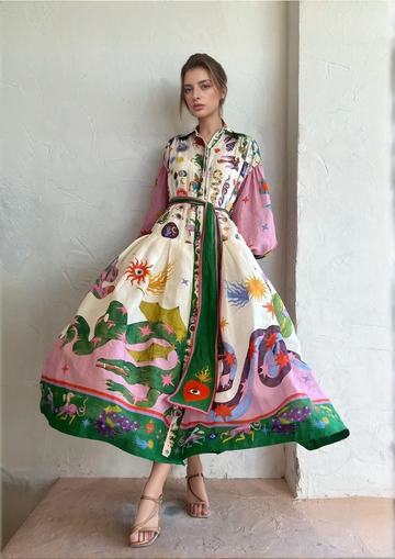 Women's Maxi Dress - Fit-and-Flare Silhouette - Long Sleeve - Printed Collared Elegant Style