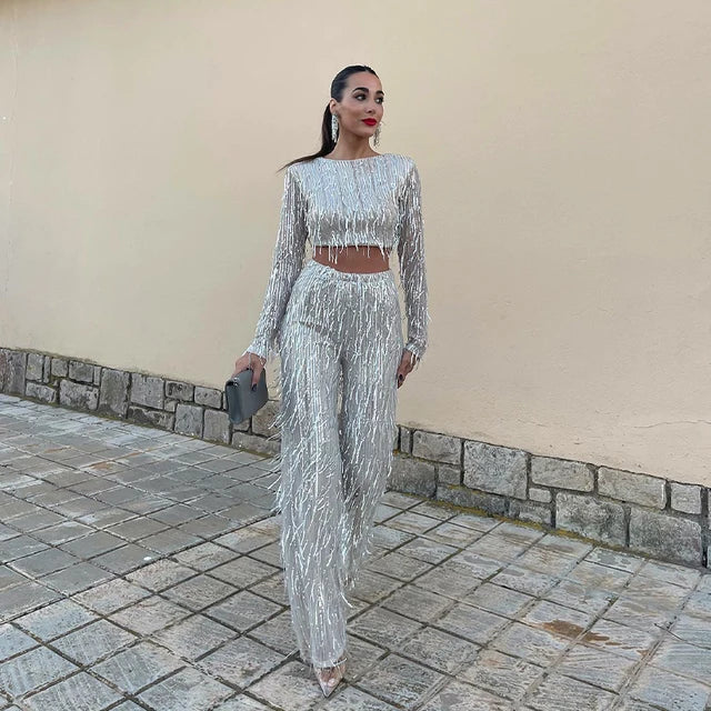 High-Waist Flared Set with Crop Top and Pants