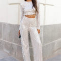 Women's Set with Crop Top and Pants – Fitted Long Sleeve – High Waist – Flared Legs – Decorated