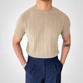 Men's Knit Sweater - Short-Sleeved - Ribbed Texture - Slim Fit - Round Neck