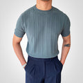 Men's Knit Sweater - Short-Sleeved - Ribbed Texture - Slim Fit - Round Neck