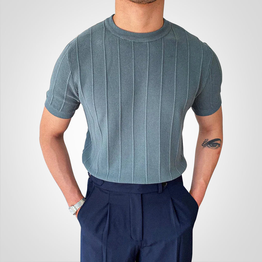 Men's Knit Sweater - Short-Sleeved - Ribbed Texture - Slim Fit - Round Neck