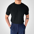 Men's Knit Sweater - Short-Sleeved - Ribbed Texture - Slim Fit - Round Neck