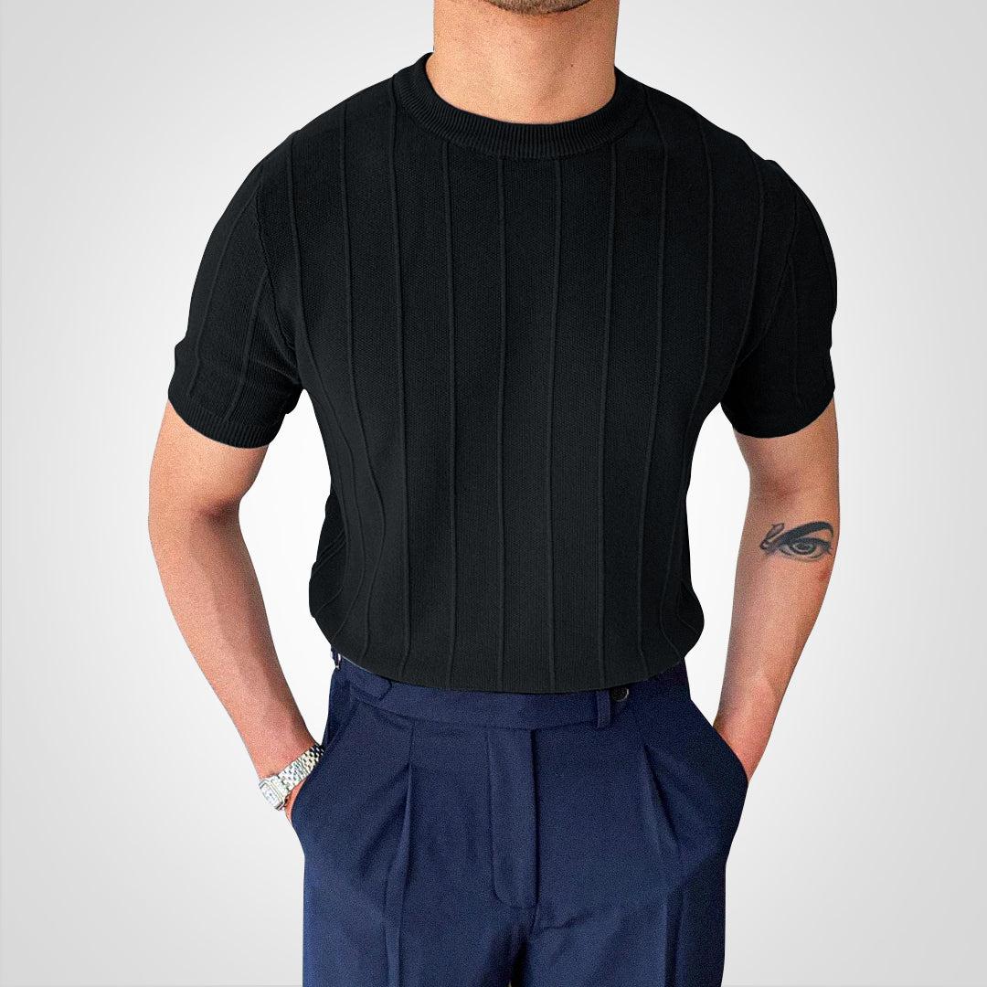 Men's Knit Sweater - Short-Sleeved - Ribbed Texture - Slim Fit - Round Neck
