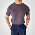 Men's Knit Sweater - Short-Sleeved - Ribbed Texture - Slim Fit - Round Neck