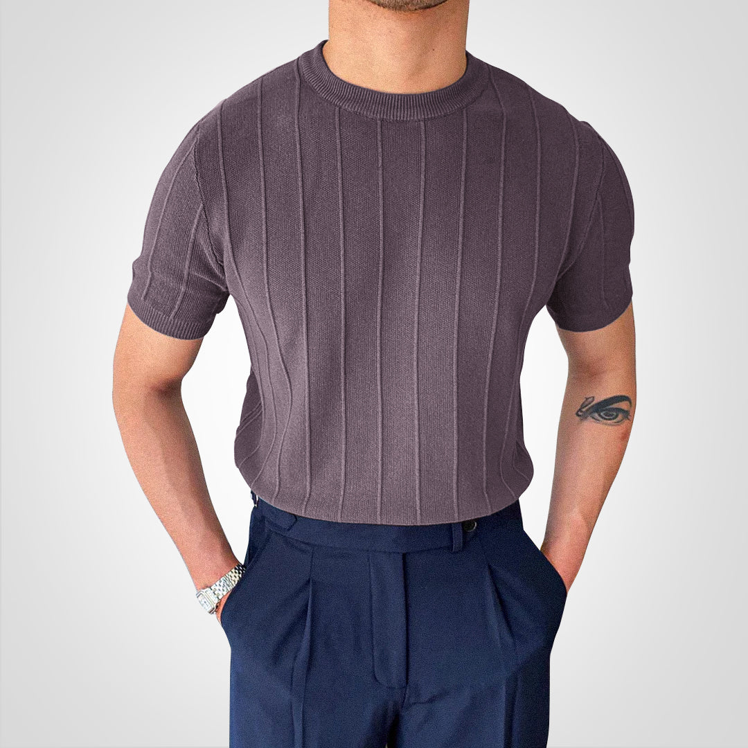 Men's Knit Sweater - Short-Sleeved - Ribbed Texture - Slim Fit - Round Neck