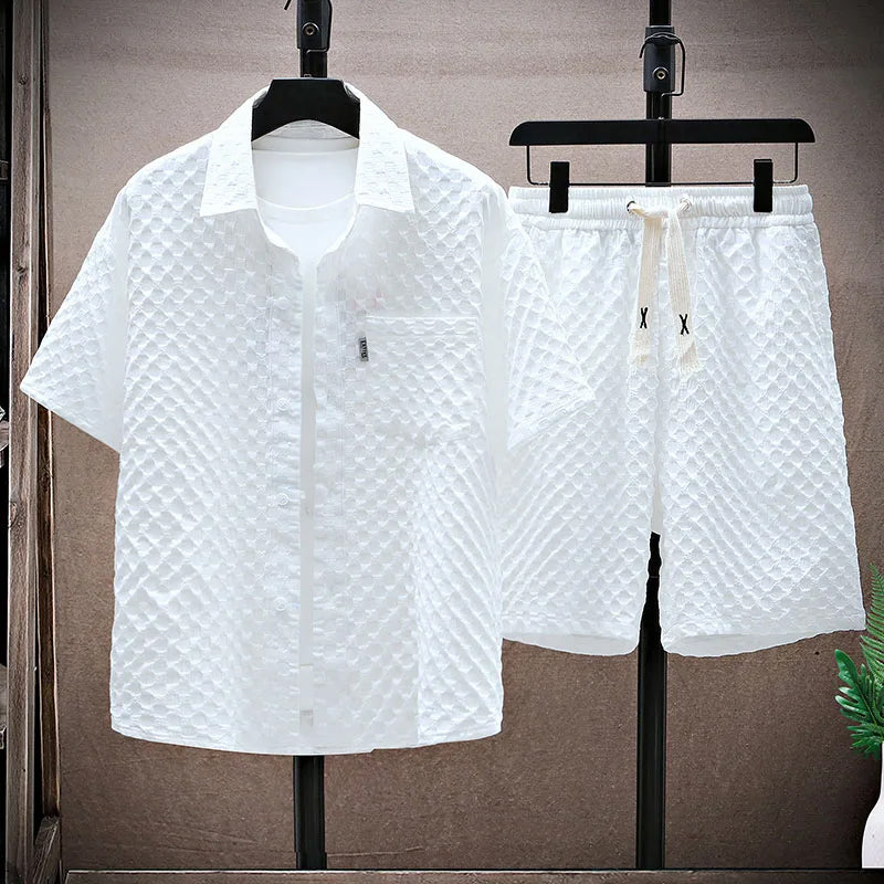 Men's Streetwear Set – Relaxed Fit – Textured Shirt and Shorts – Button Closure & Drawstring