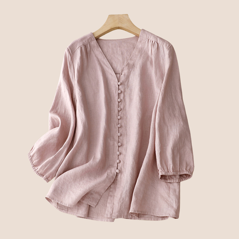 Lightweight Cotton Linen V-Neck Ruffle Blouse